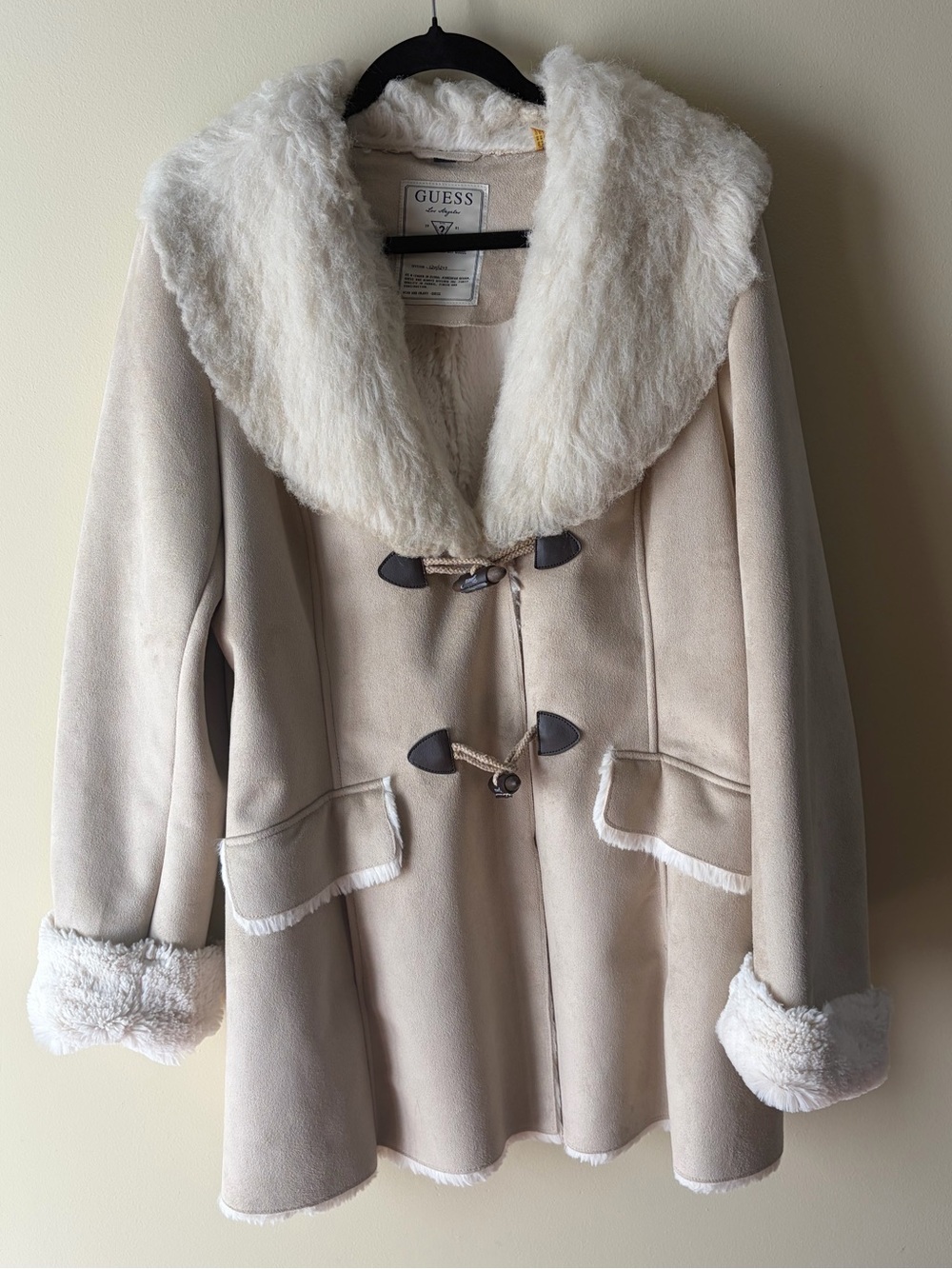 GUESS Los Angeles Beige Faux Suede Toggle Coat White Faux Fur Collar XL
